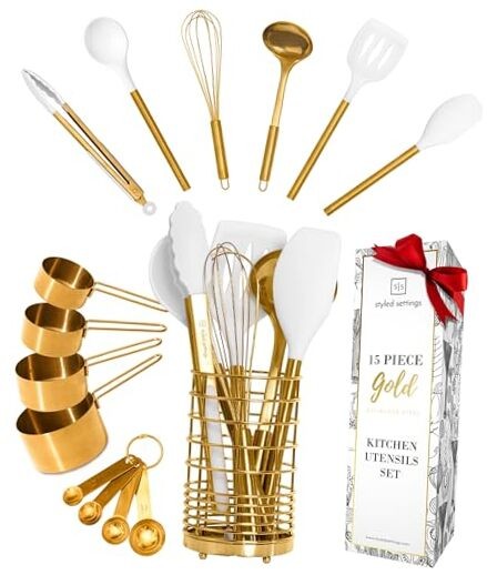 White and Gold Cooking Utensils Set with Holder - 15 15 Piece White & Gold