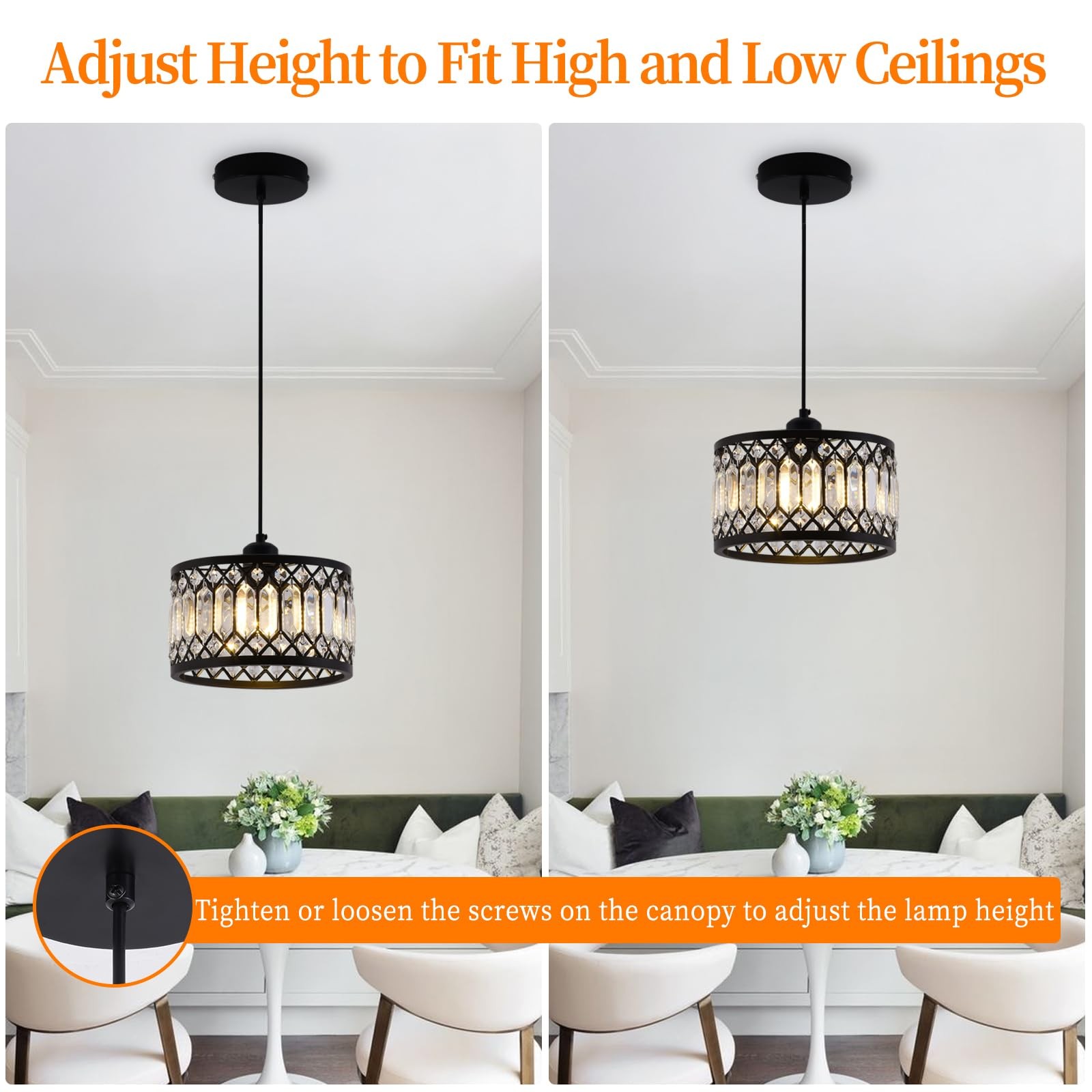 Crystal Black Pendant Light Fixture, Modern Hanging Ceiling Light Adjustable ...