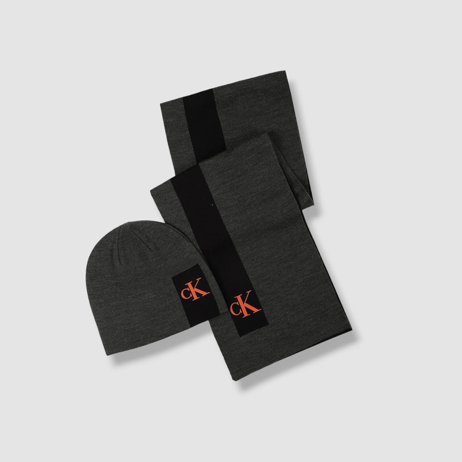 $90 Calvin Klein Jeans Men Orange Gray Colorblock Knit Logo Scarf Beanie Hat Set