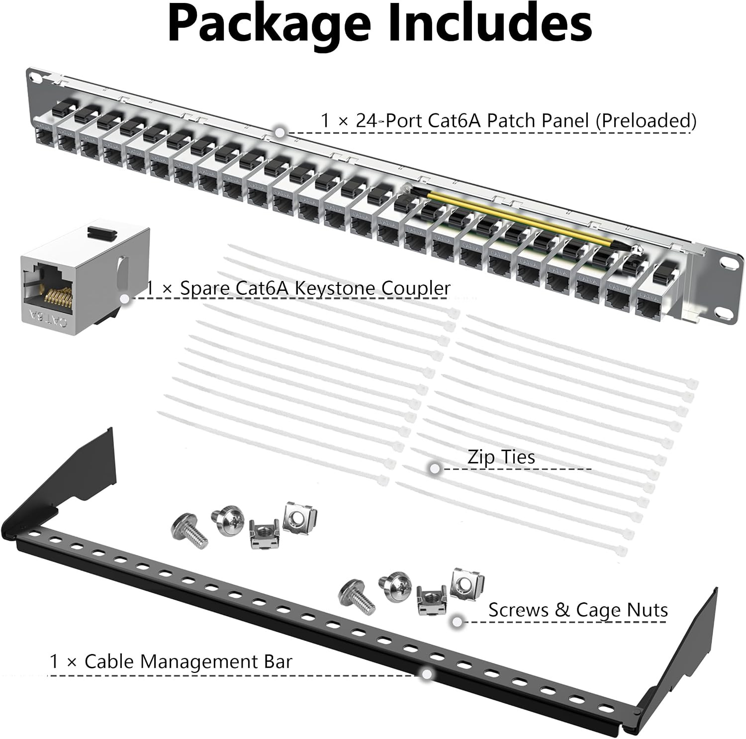 [UL Listed] 24-Port Shielded Cat6A Patch Panel, 19” 1U Rackmount/Wall Mount Feed