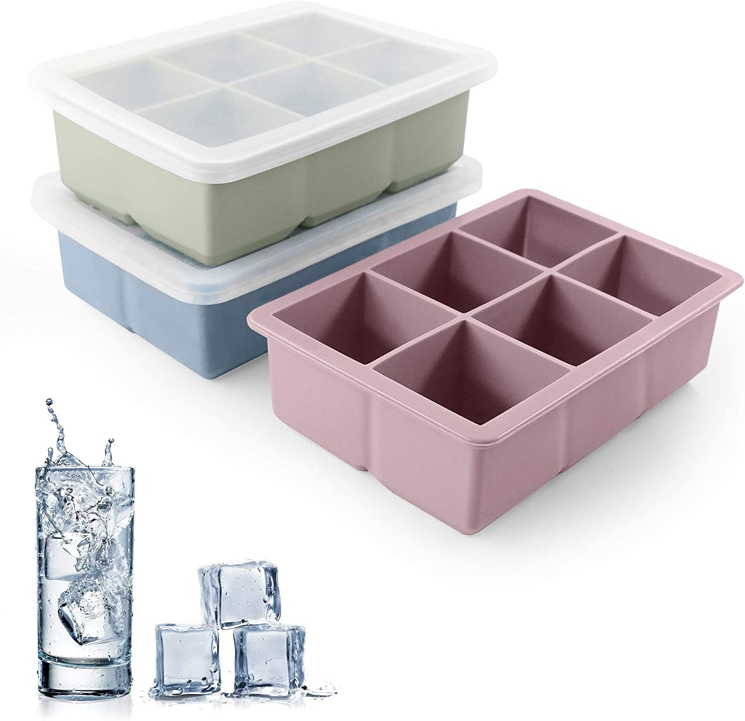 3 Pack Large Size Silicone Ice Cube Molds, BPA Free w/ Leak Proof Removable Lid