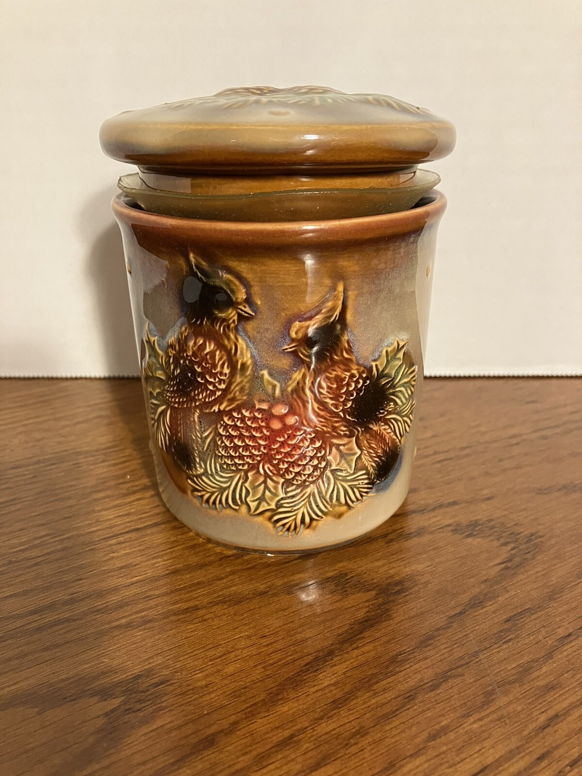 Small Lidded Jar Candle with Cardinals, Pinecones, & Holly Winter Design
