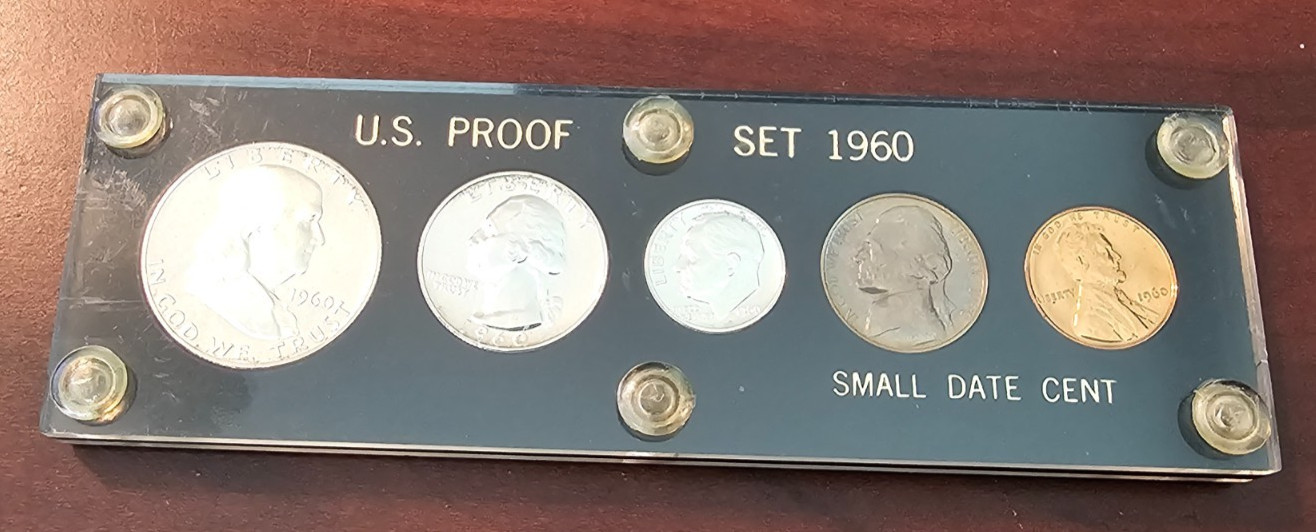 1960 US Mint Silver Proof Set with 5 Coins in Black Capital Holder - Small Date