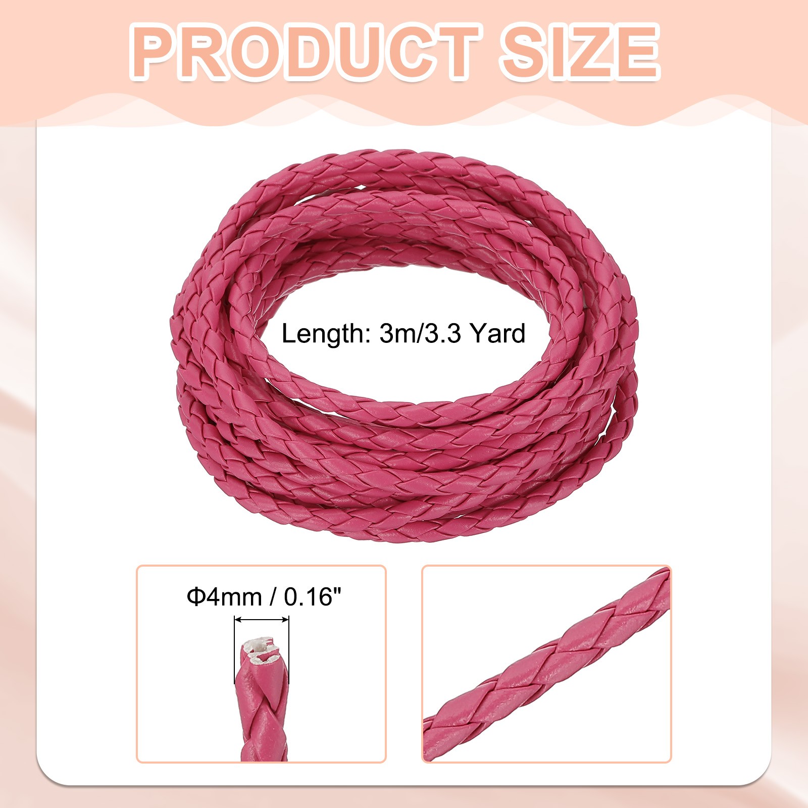 Braided Leather Cords, 3.3 Yard Strap with Cord Lock, 4mm Dia, Rose Red