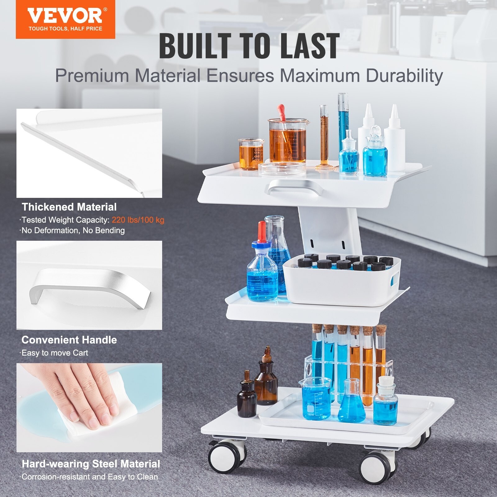 VEVOR Lab Rolling Cart 3-Layer Steel Lab Serving Cart with Wheels 220lb Loading