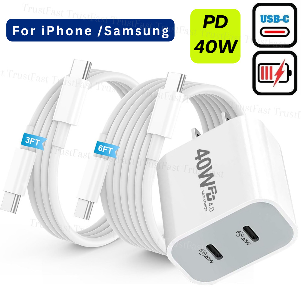 40W Fast Charger Block PD Cable USB C For iPhone 17 Air 16e 15 14 13 12 11 iPad