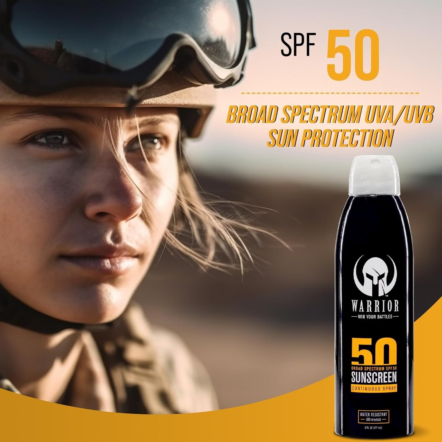 Warrior sunscreen SPF 50 Continuous Spray Broad Spectrum UVA/UVB Protection