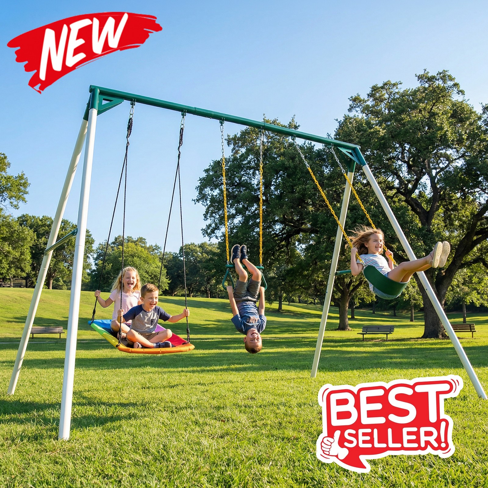 Hapfan 9.5ft Tall Heavy Duty Metal Outdoor Swing Set with 3 Swings & Trapeze Bar