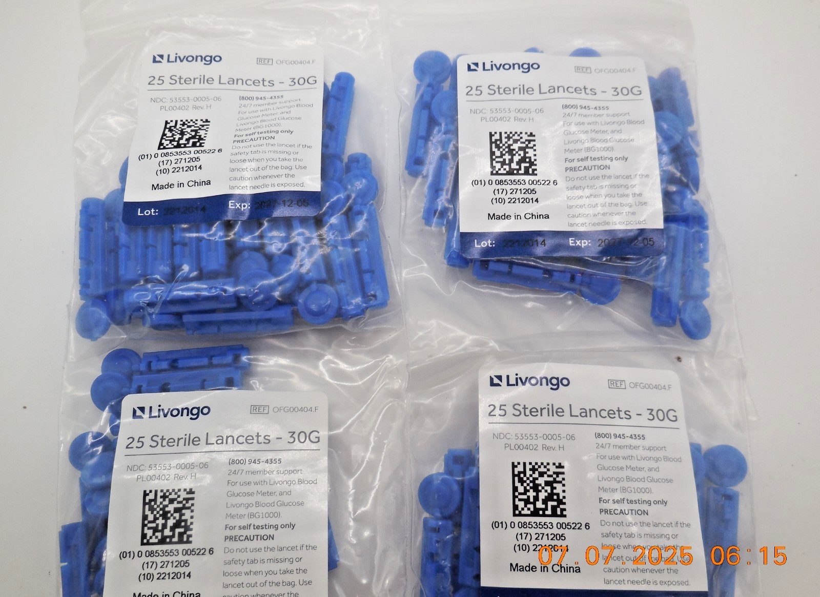 100 Livongo Sterile Lancets - 30G New In packs of 100 (4 bags) -  exp 10/2025