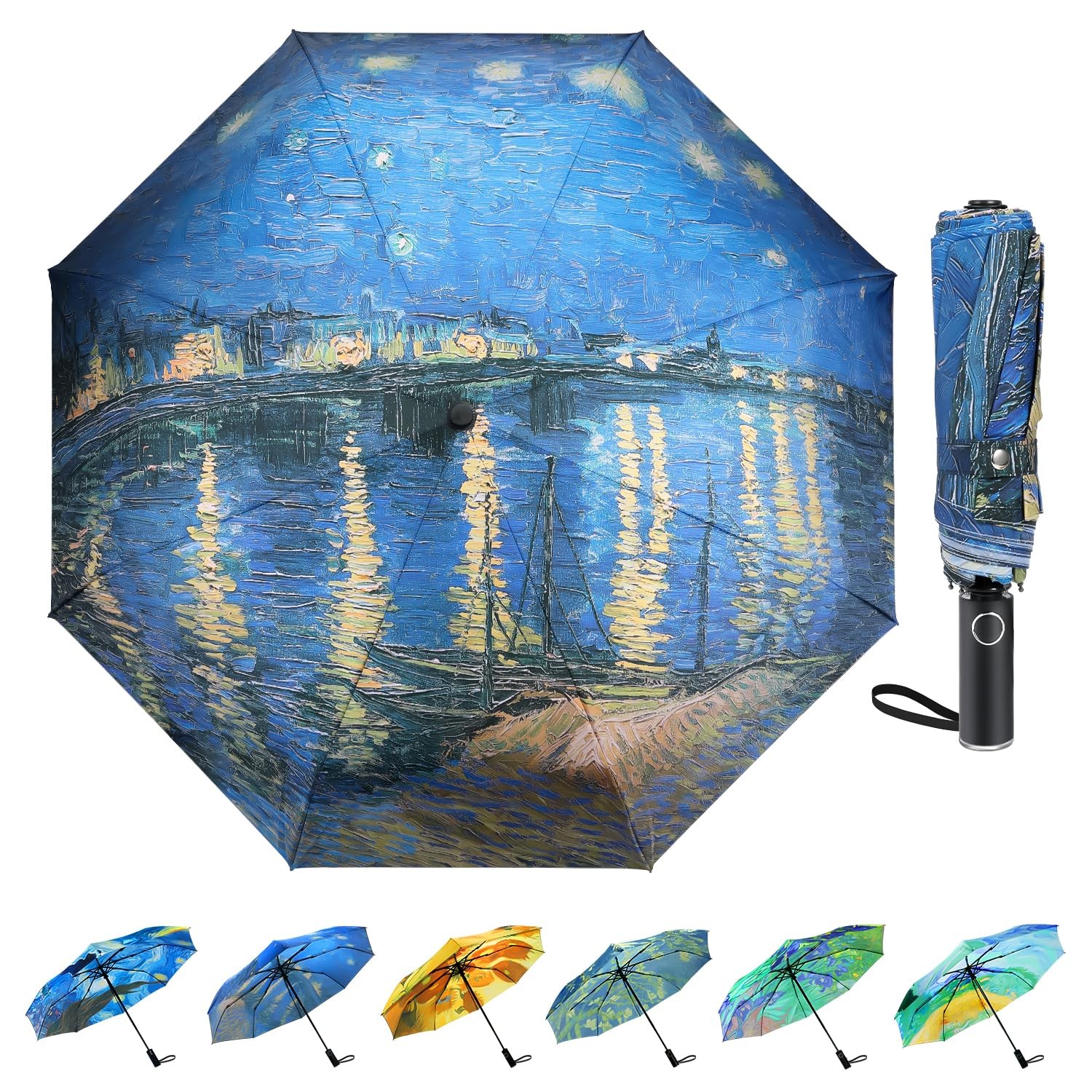 Van Gogh Folding Umbrella, Travel Umbrella with Starry Night Design, Auto Ope...