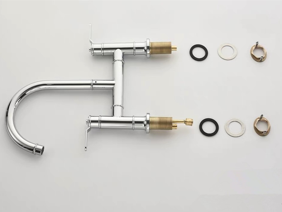 Brass Chrome Kitchen Faucet Double Handles Sink Mixer Tap Two Holes Deck Mounted