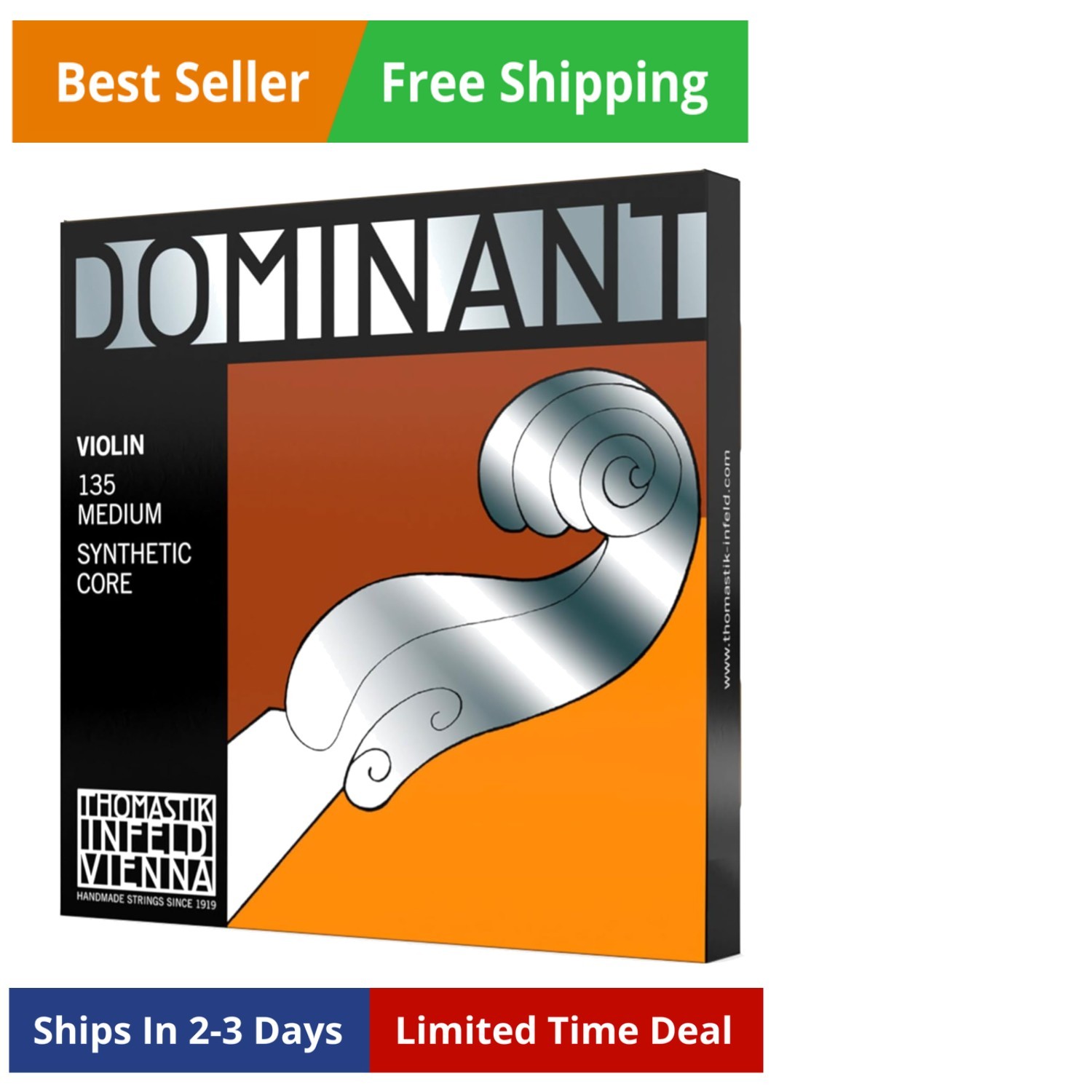 Dominant Violin Strings Complete Set, 4/4 Size, Medium Tension - 135 - Synthe...