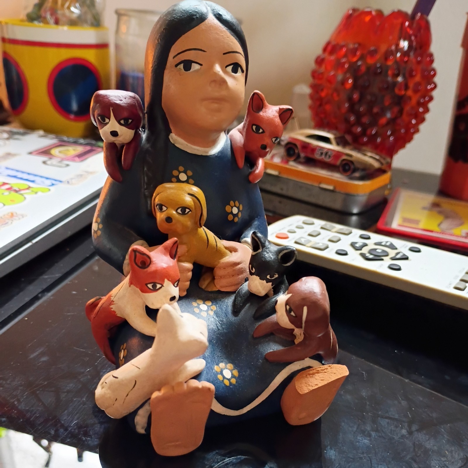 MADE IN PERU Elidas Imports Pottery Latin Girl 7 dogs 4.25" puppies