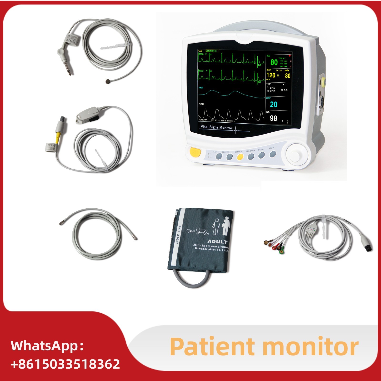 Vital Signs Patient Monitor Portable ECG,NIBP,SPO2,PR,RESP,TEMP, Cardiac Monitor