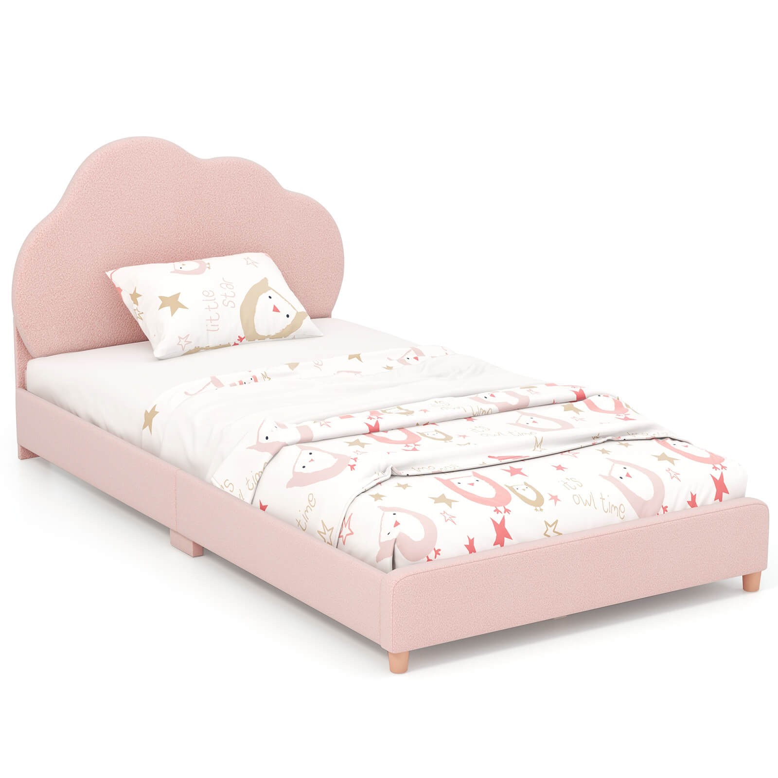 Kids Twin Platform Bed Frame Upholstered Twin Size Bed w/ Wooden Slats Support