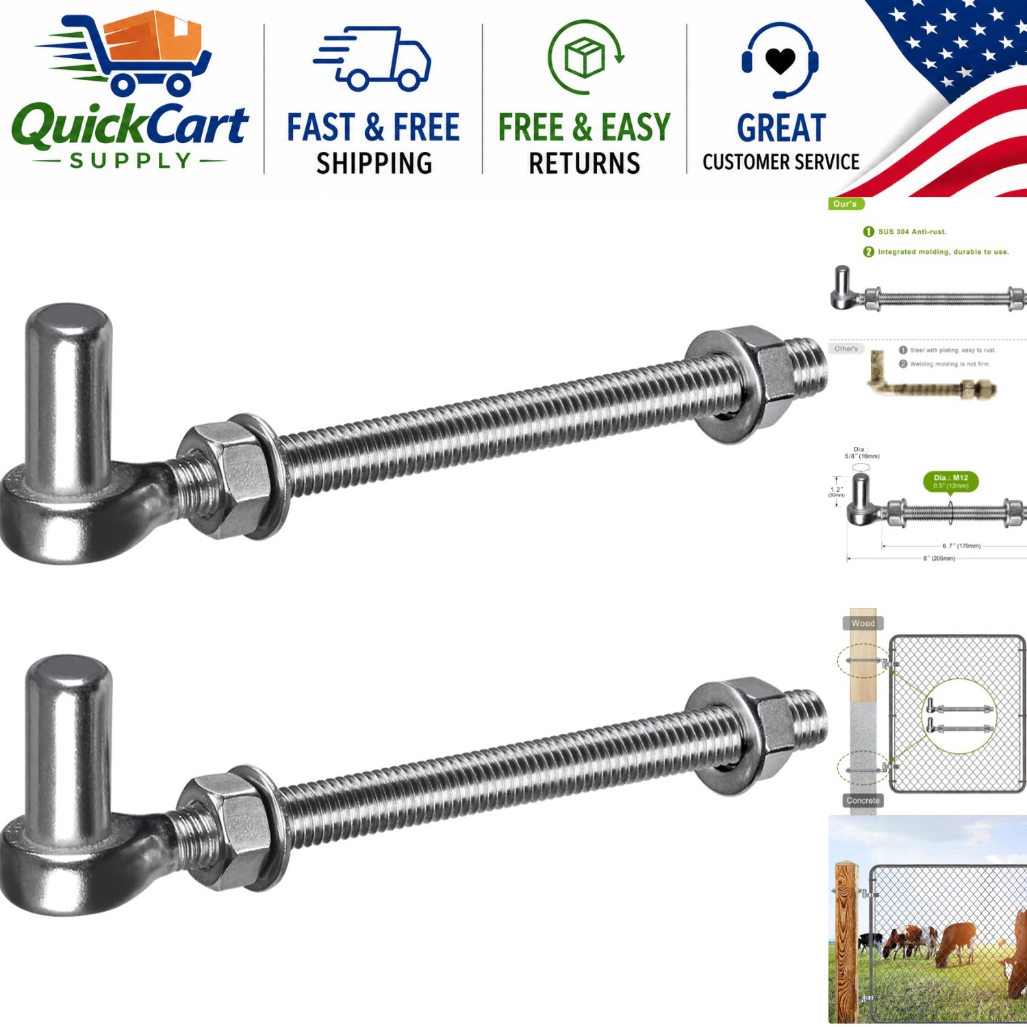 Versatile 8'' J Bolt Gate Hinge | 304 Stainless Steel, Supports 500lbs, 2-Pack