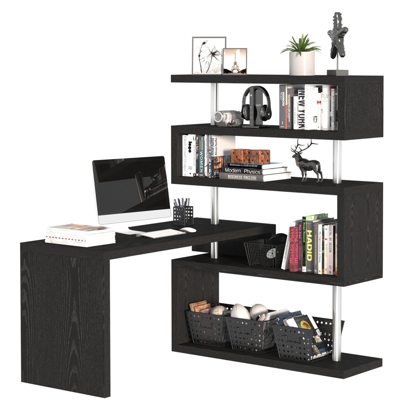 Hollow Core Hobby Corner Desk Computer Table Rotating 4 Tier Shelf Combo, Black