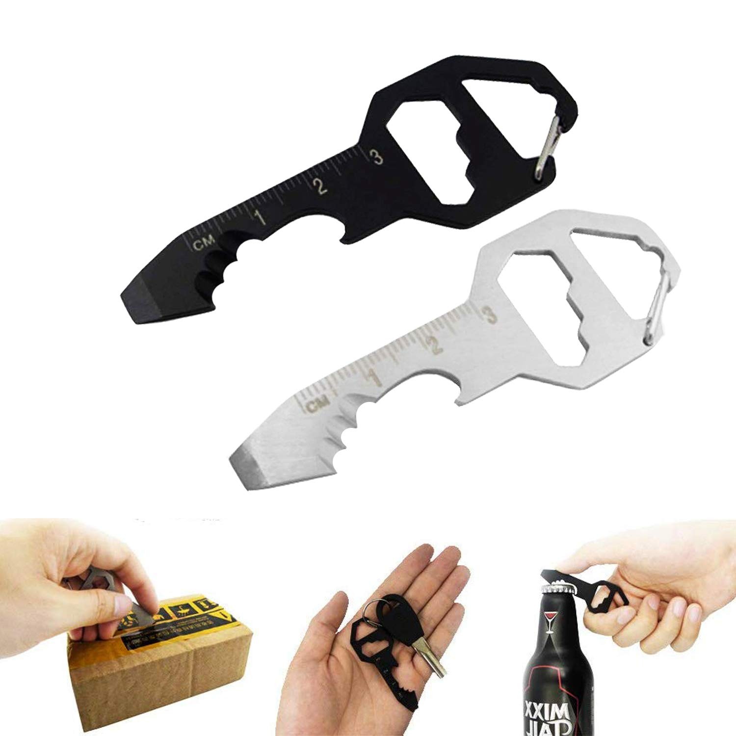 2PCS Keychain Bottle Opener Multi Tool, 100% Stainless Steel EDC Black
