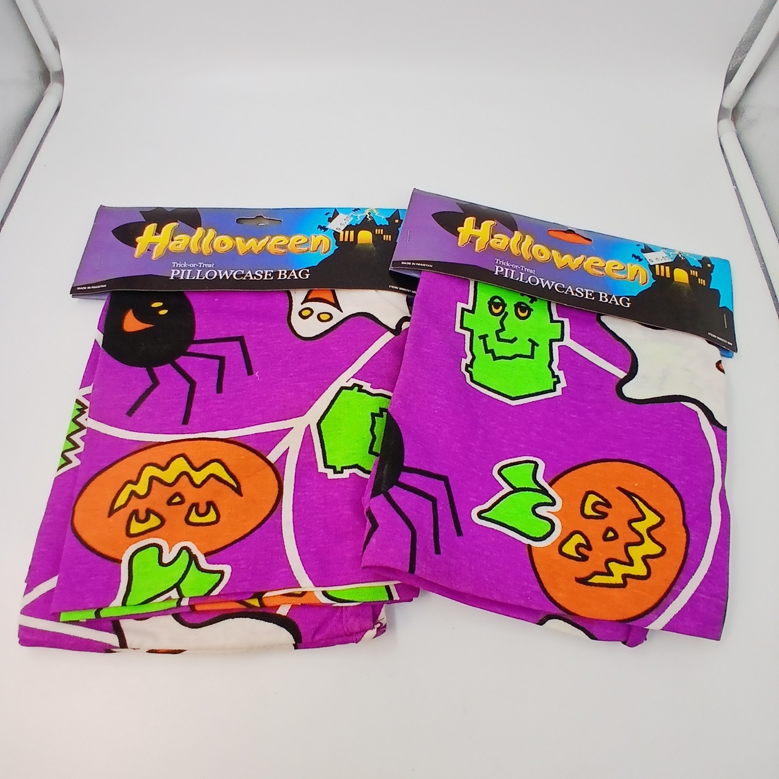 VTG Lot of 2 Spooky Halloween Frankenstein Ghost Spider 21x32 Pillowcase Bag