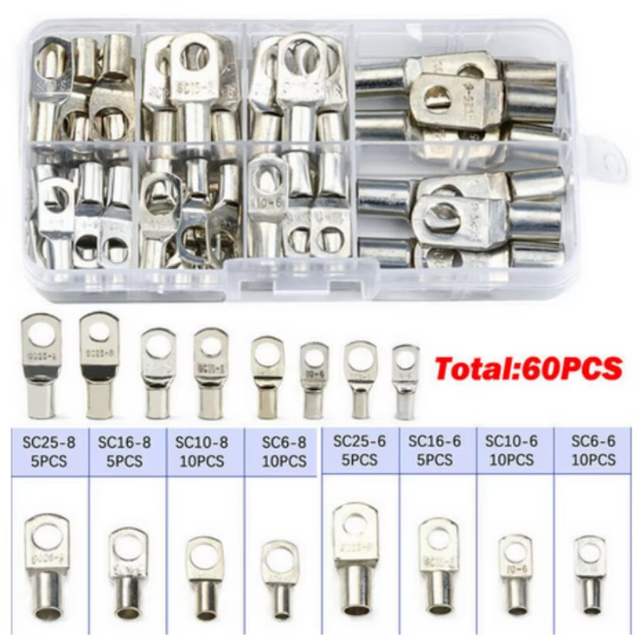60pcs AWG Gauge Copper Lugs w/ BLACK & RED Heat Shrink End Ring Terminals Wire
