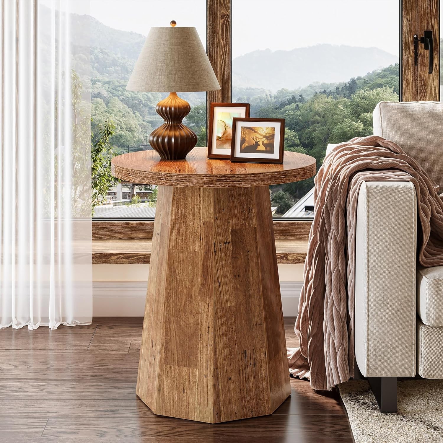 Round Pedestal End Table, Farmhouse Couch Side Table with Octagonal Base-Walnut