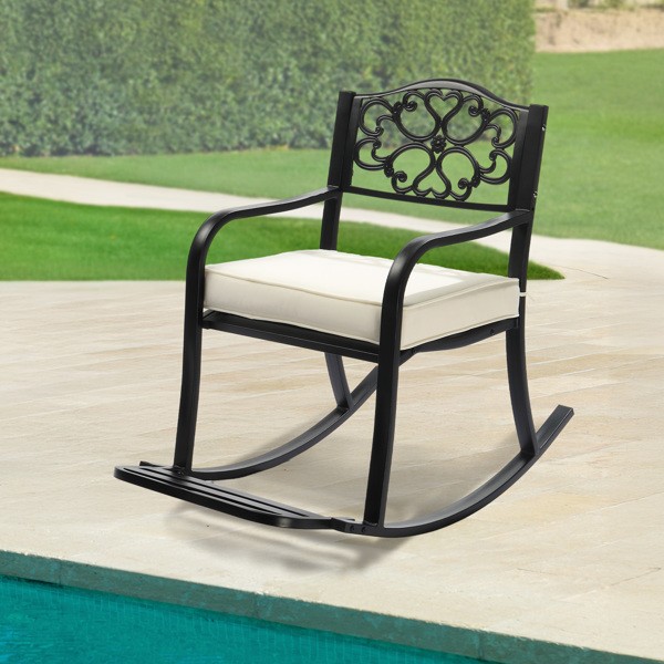 Metal Rocking Chair, Outdoor Rocking Bench With Cushion, Patio Rocker， Footrest
