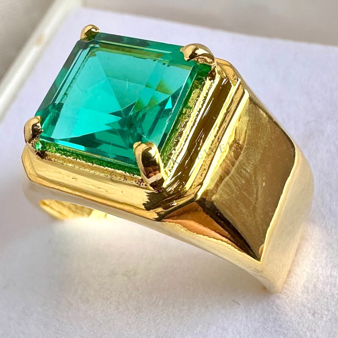 Men's Emerald Ring Solitaire Engagement Ring In 14k Solid Yellow Gold Ring