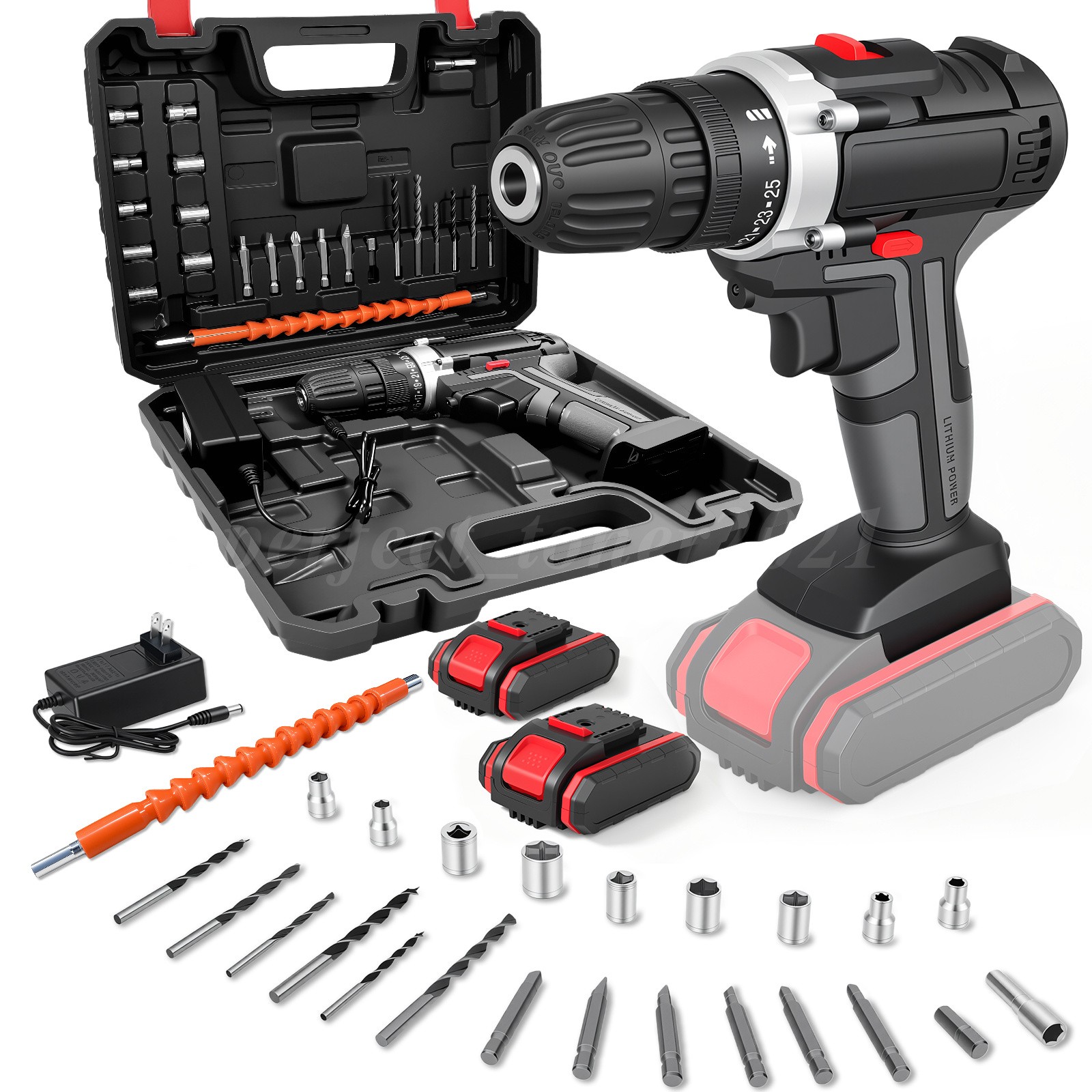 21V Black Cordless Impact Drill Kit  2 Batteries + Charger
