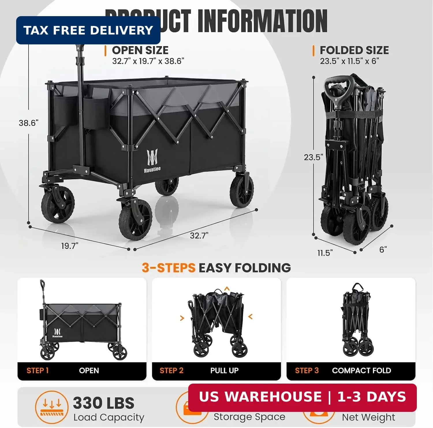 165L Collapsible Folding Wagon, Large Foldable Wagon with Silent All-Te