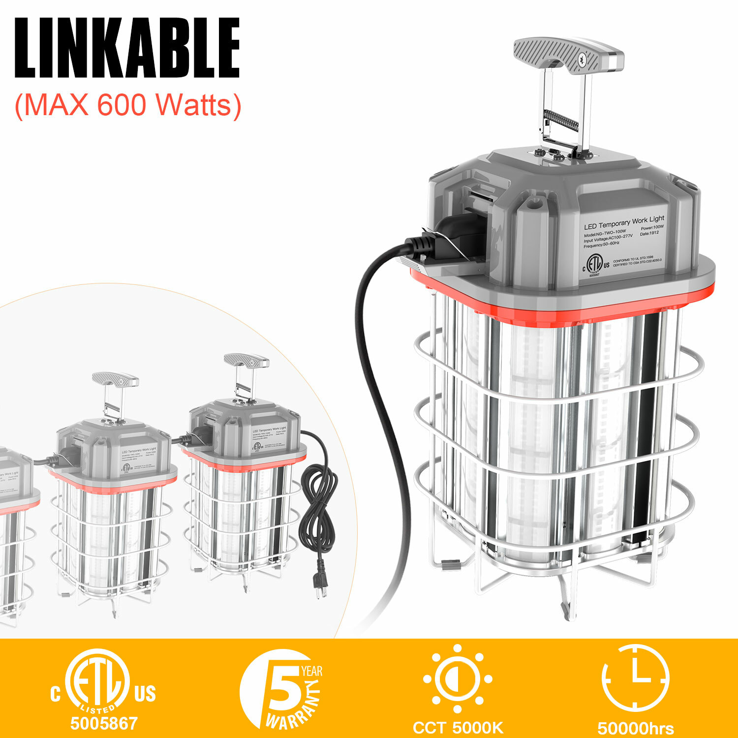 80W-150W LED Temporary Work Light Linkable Construction Jobsite Lighting Fixture