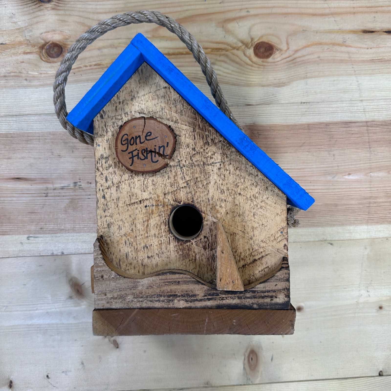 Rustic Wooden Birdhouse Distressed Hanging Rope Two Entrance Outdoor Use