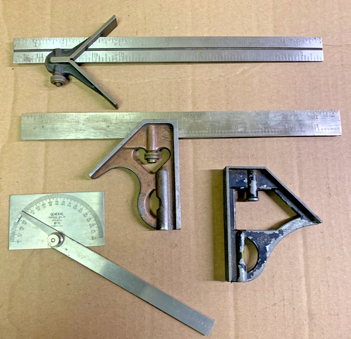 (LOT) 12” Comb. Square, 12" Center head attach., Square protractor ex. sq. head.