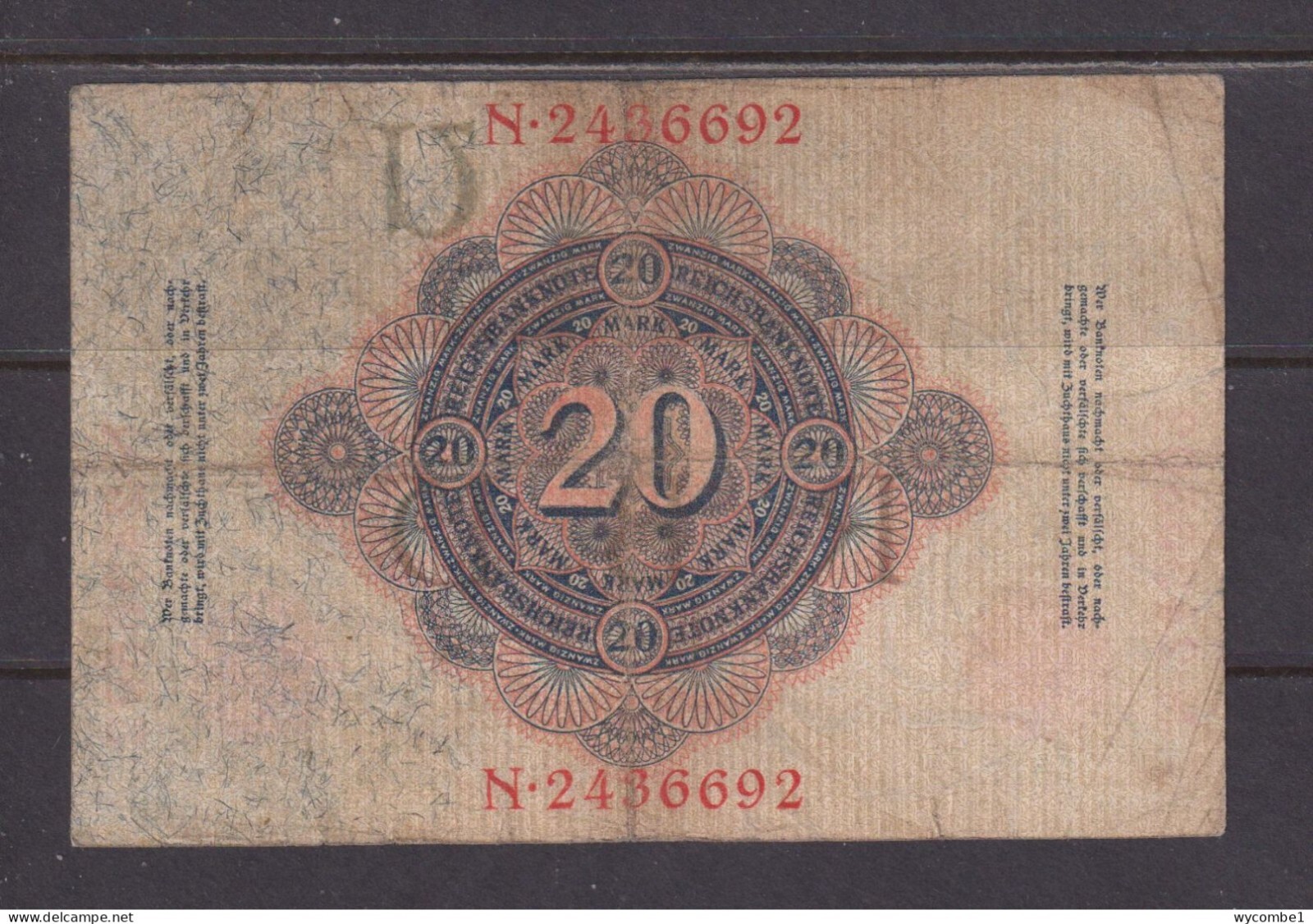 GERMANY - 1914 20 Mark Circulated Banknote as Scans
