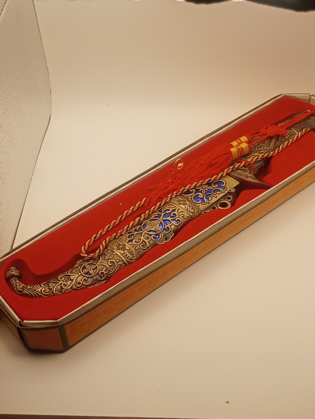 Vtg Collectible Dagger Knife Brass - Belt Clip-blue Inlay W/Box.S.S Blade