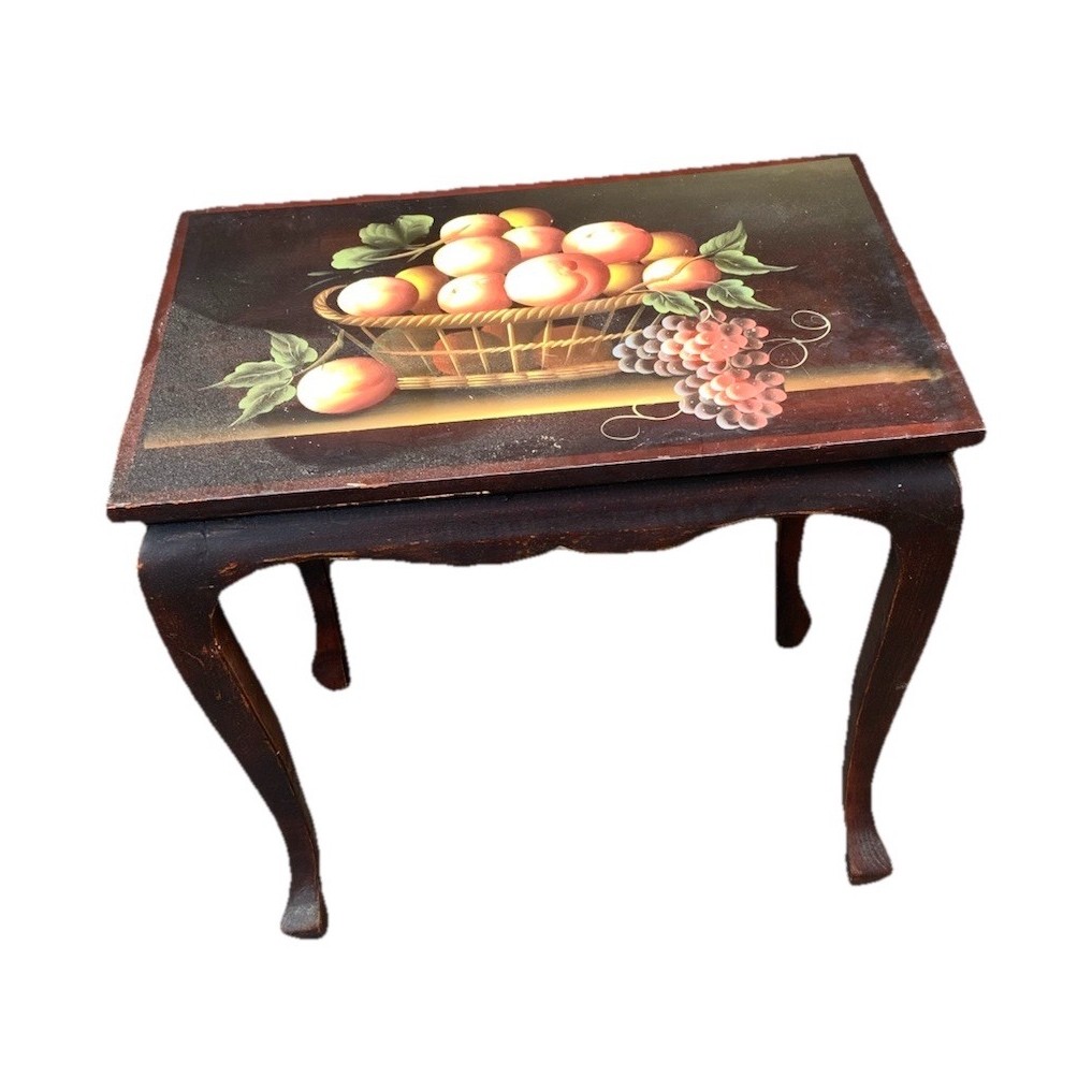 Painted Fruit Basket Pattern Rectangular Side Table, Dark Wood, Indoor