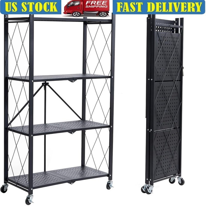 Folding 4-Tier Storage Shelf Rolling Utility Rack Kitchen Garage Organization US