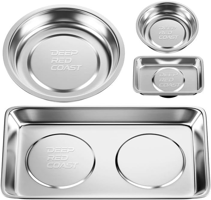 Magnetic Tray 4-Pack, Stainless Steel Magnetic Parts Tray Set, 3 Inch and 6 Inch