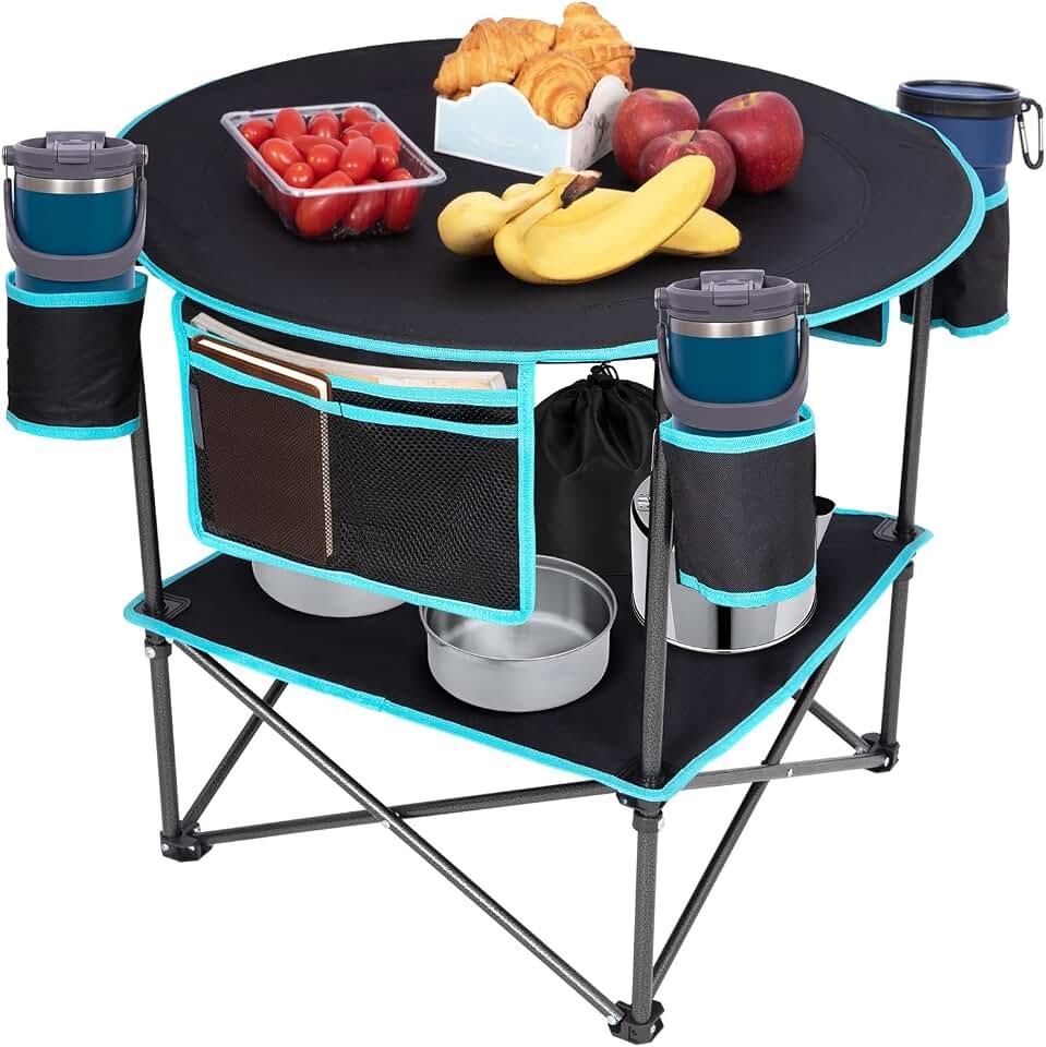 FUNDANGO Portable Camping Table Foldable, Lightweight 2-Tier Folding Beach