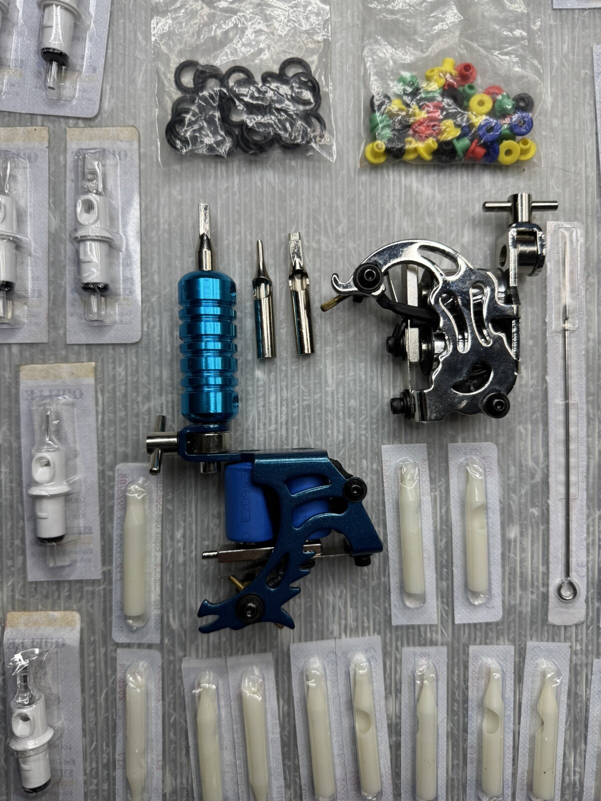 TATTOO MACHINE LOT/2 & PARTS Needles Blue Dragon/Phoenix/Wolf VV-1 silver coil