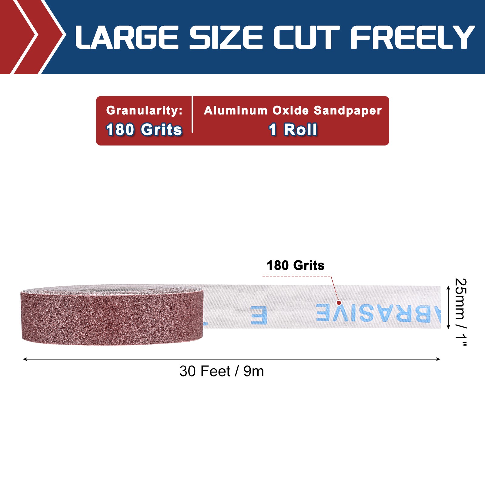 Sandpaper Roll - [1 Inch x 30 Feet 180 Grits] Aluminum Oxide for Metal Auto