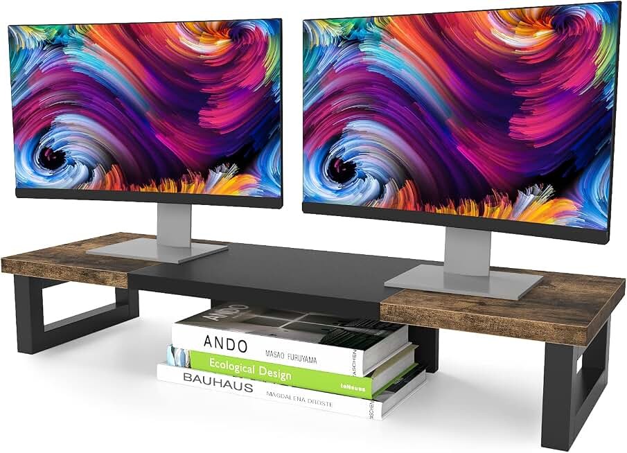 WESTREE Dual Monitor Stand Riser, Wood and Steel Multi-Purpose Desktop Storag...