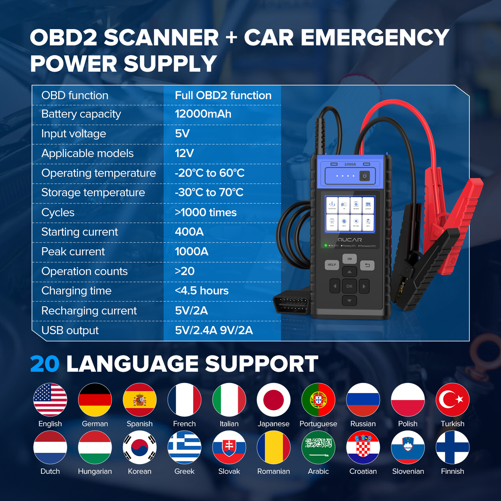 MUCAR JS501 OBD2 Code Reader Universal Car Jump Starter Booster Battery Charger