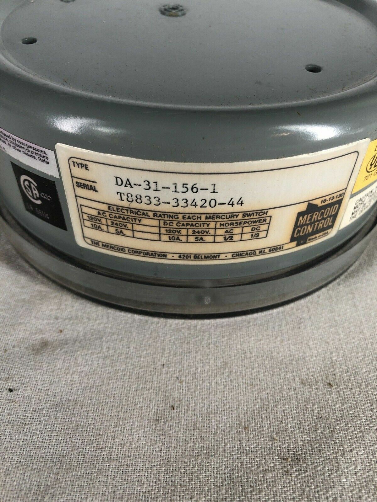 Mercoid Control Pressure Control Switch DA-31-156-1