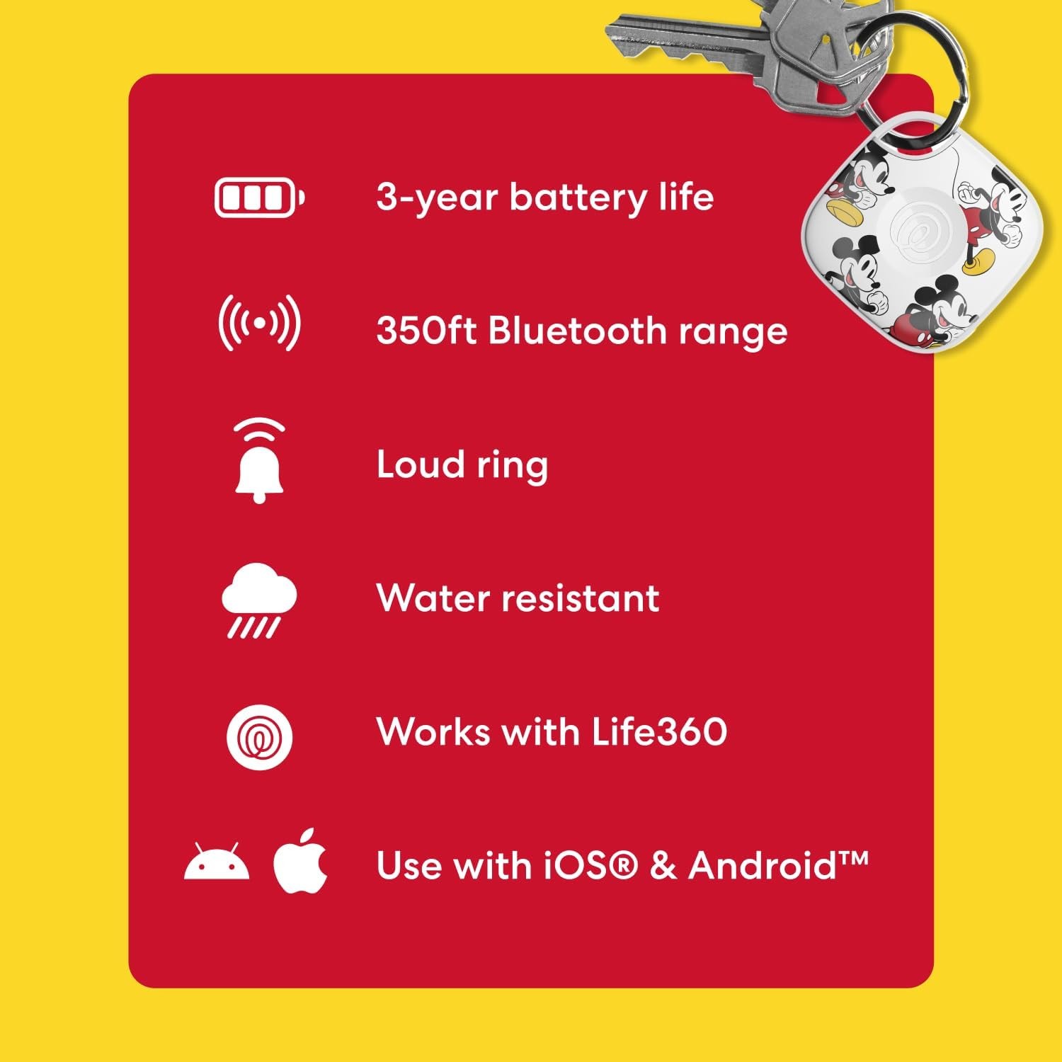 Life360 Tile Bluetooth Tracker, Keys Finder, Item Locator (White mickey)