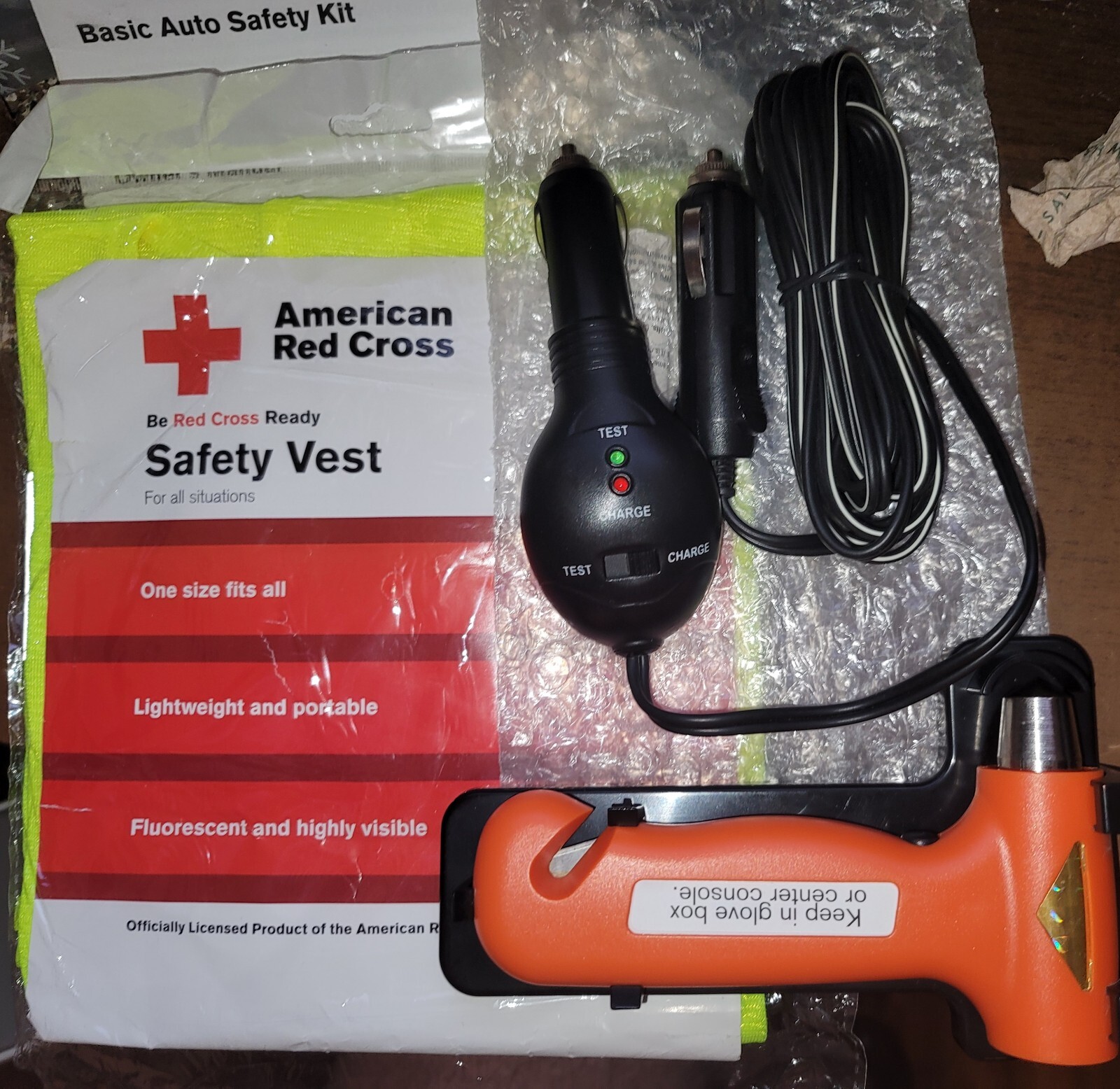 BASIC AUTO SAFETY KIT ~ FLUORESCENT VEST + CAR BATTERY CHARGER + 2 IN 1 HAMMER