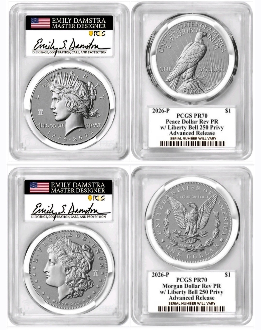 2026-P MORGAN & PEACE DOLLARS PCGS REV PF70 ADVANCE RELEASES DAMSTRA ALL OGP