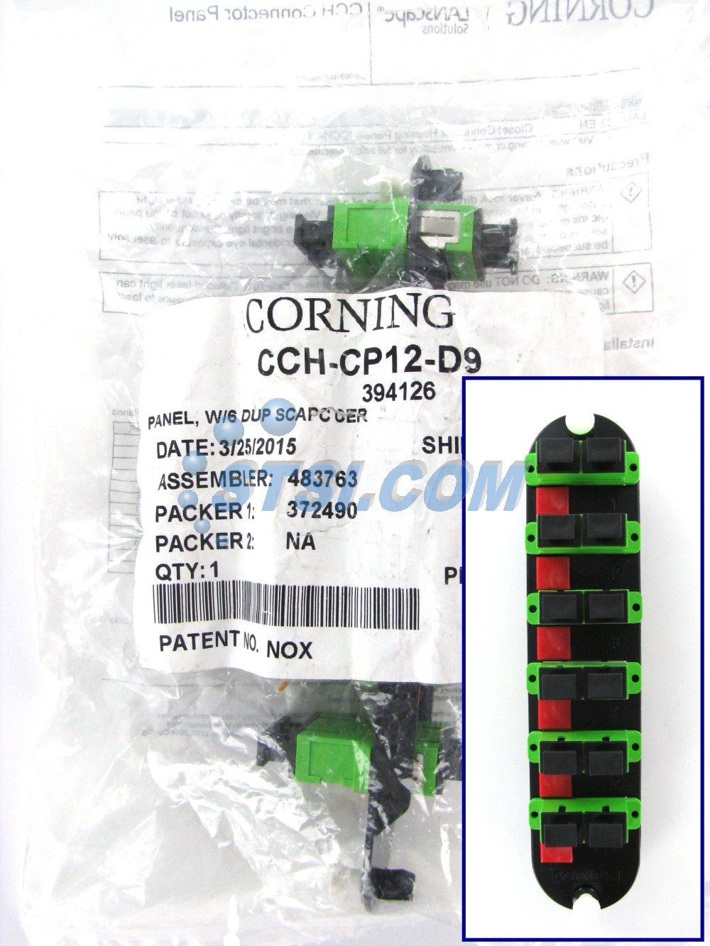 Corning CCH-CP12-D9 Panel, 6 SC Duplex OS2 Singlemode Adapters, APC Green ~STSI
