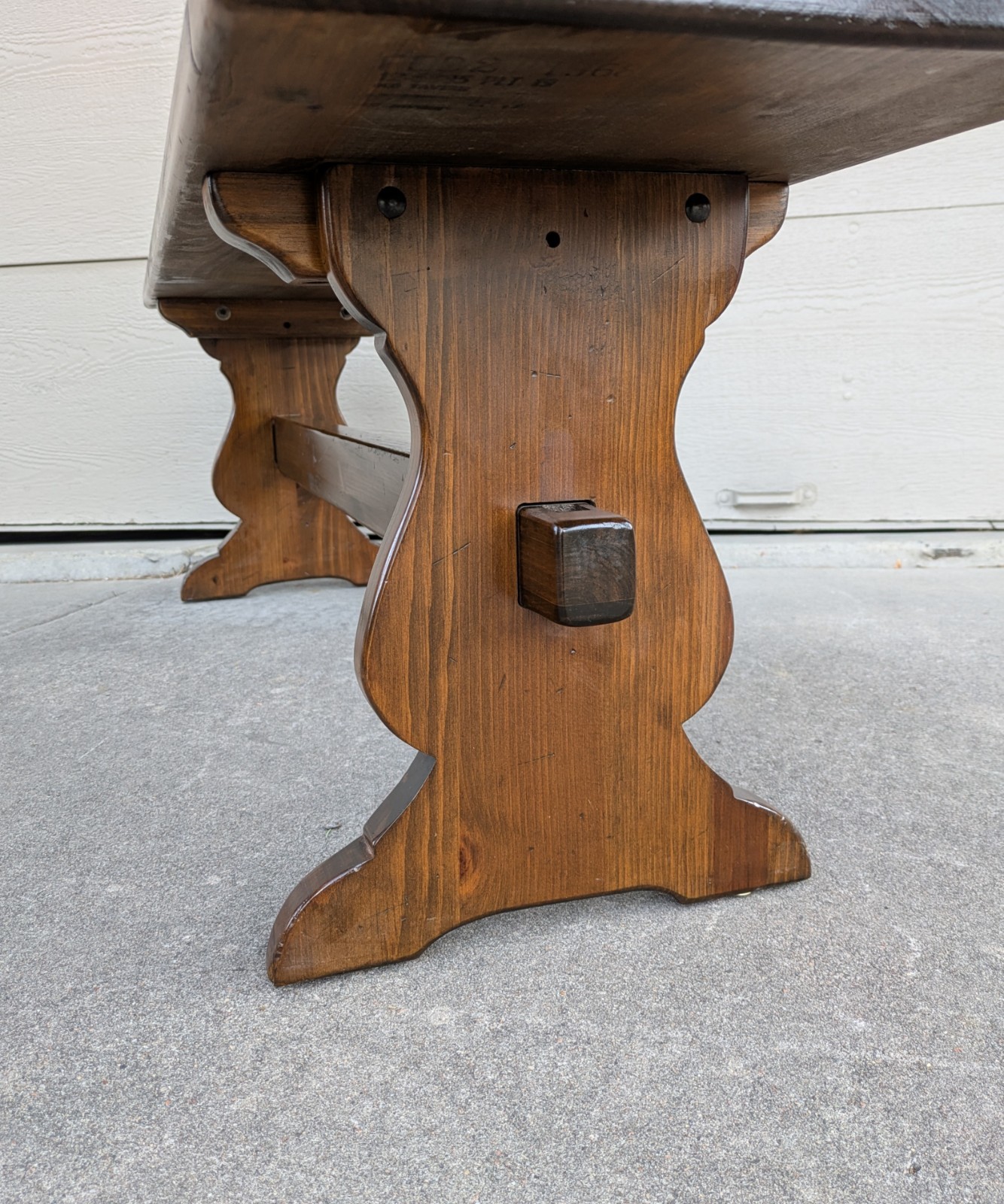 Vintage Ethan Allen Old Tavern Rustic Antiqued Pine Wood Trestle Bench