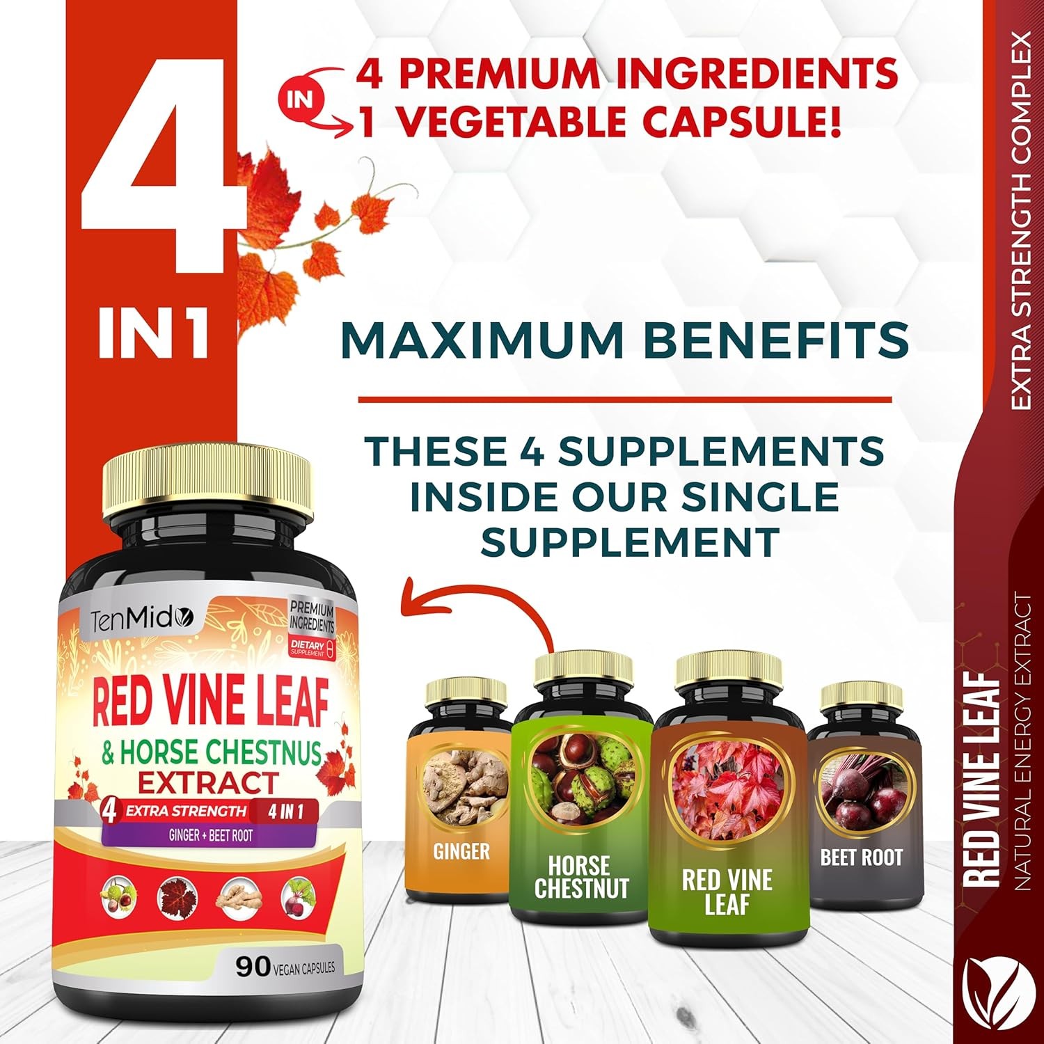 Red Vine Leaf Extract Capsules - with Horse Chestnut, Beet Root, Ginger -...