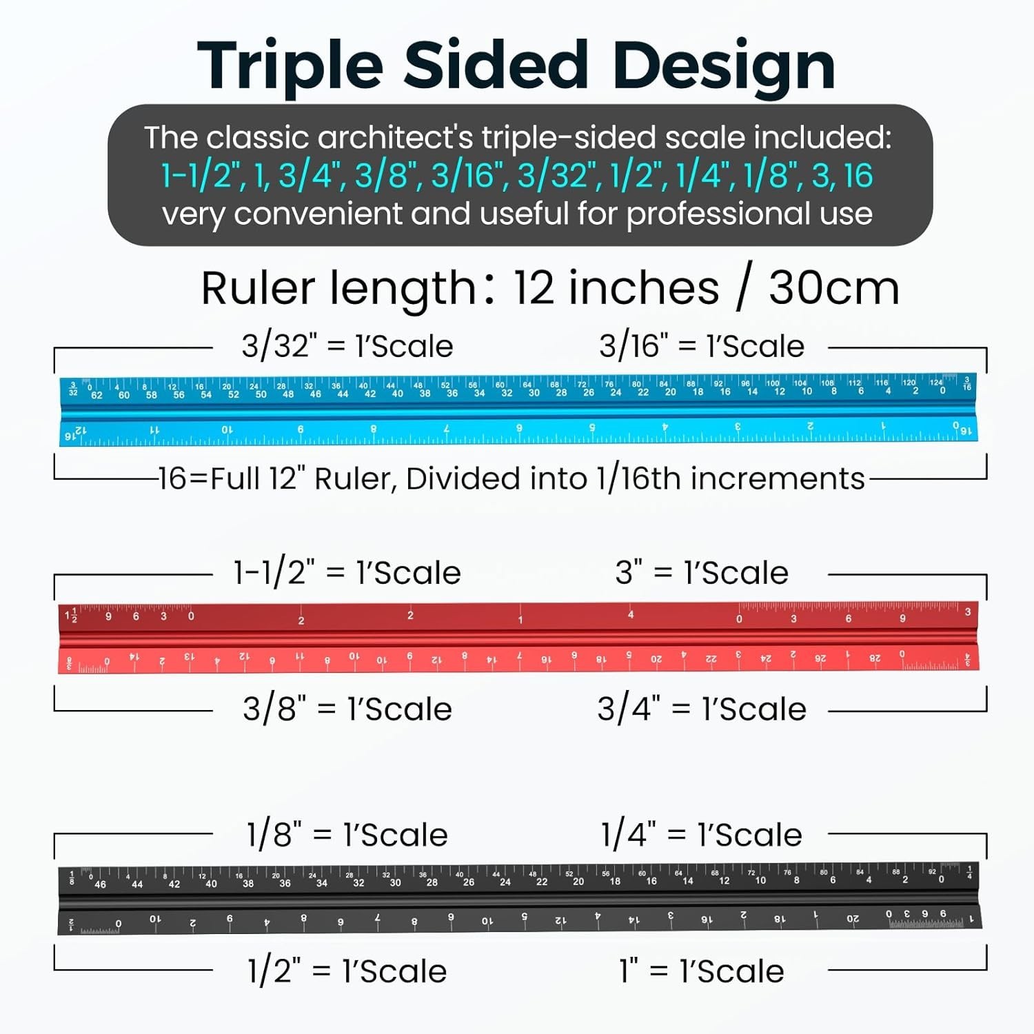12" Triangular Architectural Scale Ruler - Durable Aluminum Precision Tool